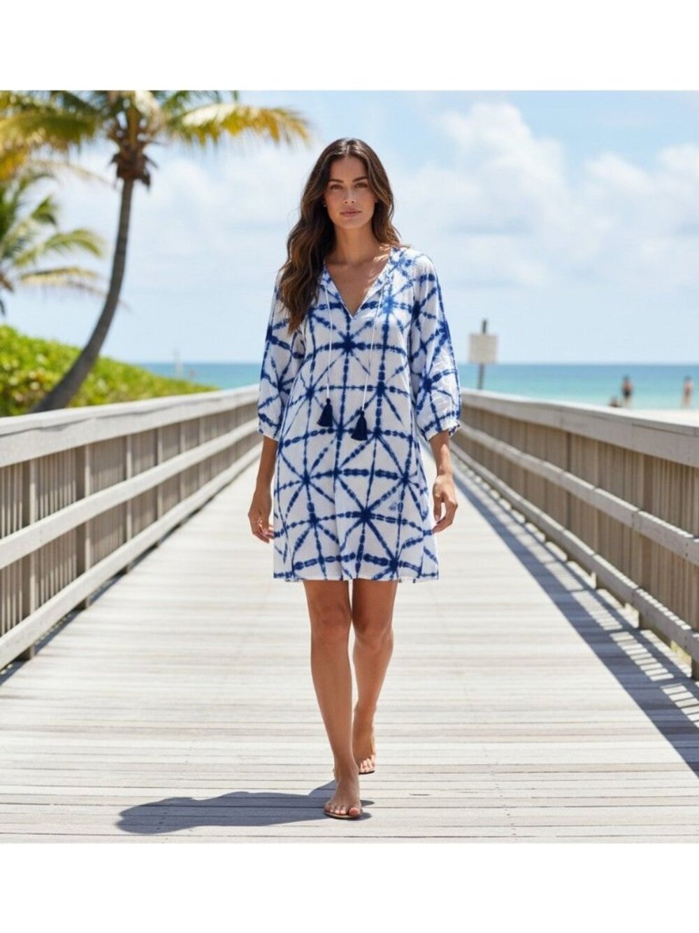 Tommy Bahama Womens Tie-Dye Drawstring Dress Blue White Tassel Detail L Cotton - Picture 1 of 7